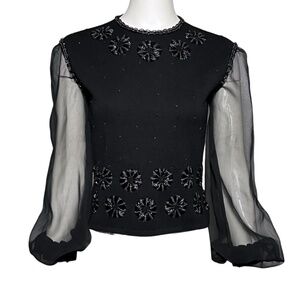 St Andrews Black Beaded Sheer Sleeve Sweater 100% Zephyr Wool Back-Zip Size 8